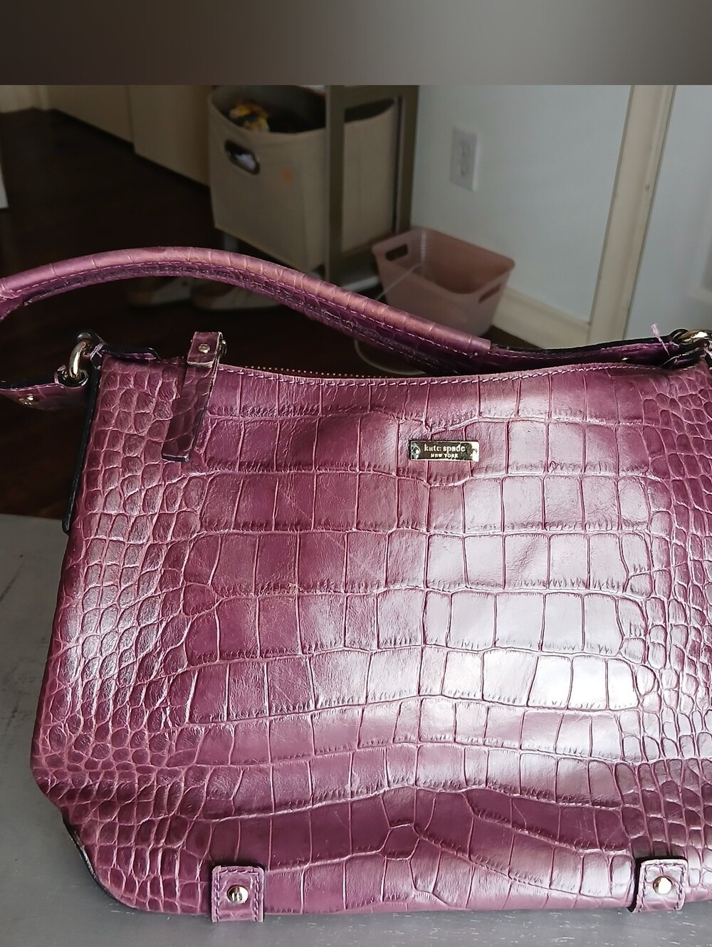 Vintage Kate Spade Deep Plum Purple Croc Leather Shoulder Bag-Y2K Baguette